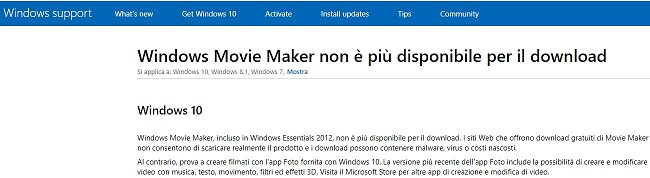 Windows Movie Maker non disponibile per il download