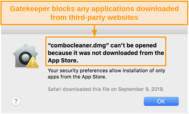 Screenshot of Gatekeeper pop-up message saying a file can't be opened if it wasn't downloaded from the App Store