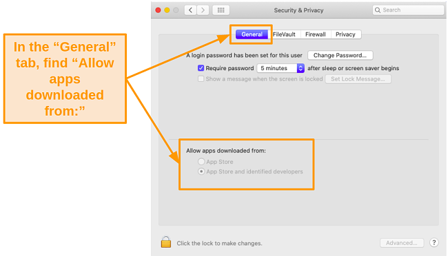 Screenshot of Mac Security and Privacy settings