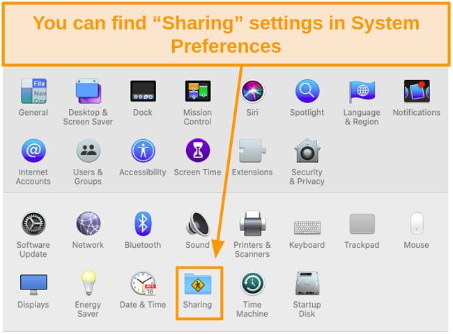 Screenshot of Mac System Preferences highlighting Sharing icon