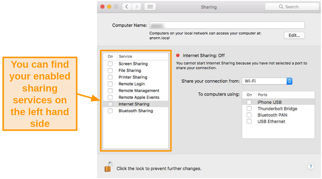 Screenshot of Sharing options on Mac