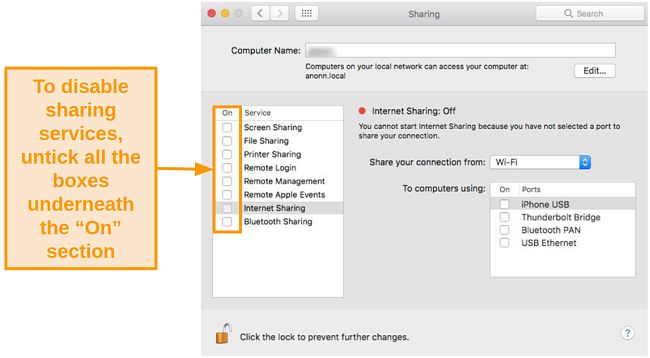 Screenshot of Sharing options highlighting where to enable and disable sharing services
