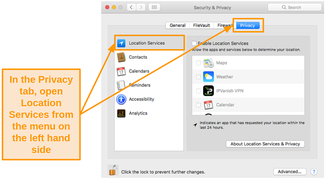 Screenshot of Location Services in Privacy settings