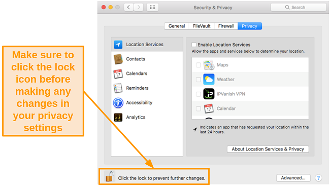 Screenshot of the lock button in Mac settings