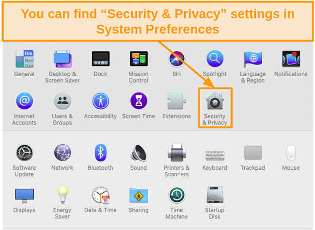 Screenshot of Security and Privacy icon in System Preferences on Mac.