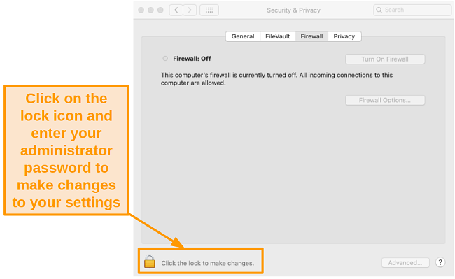 Screenshot of unlocking Firewall settings to make changes.