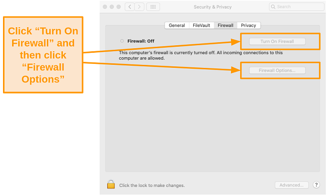 Screenshot of turning on the Firewall in Privacy Settings.