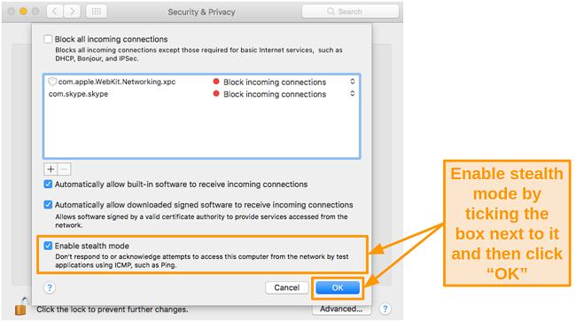 Screenshot of enabling stealth mode in Mac Security and Privacy settings