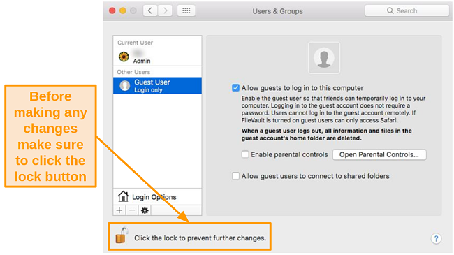 Screenshot of the lock button in Mac settings