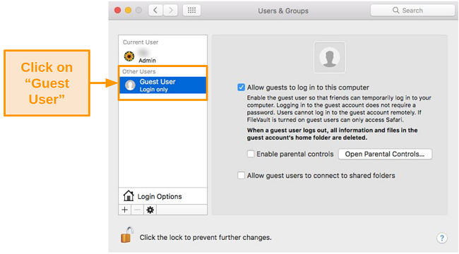 Screenshot of Guest User settings