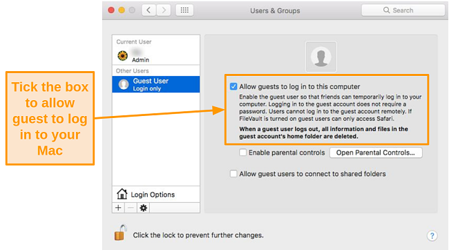 Screenshot of allowing guest users to log in to your Mac