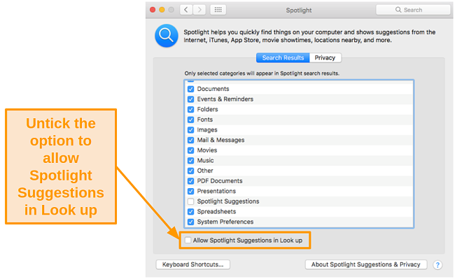 Screenshot of disabling spotlight suggestions in look up