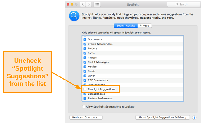 Screenshot of disabling spotlight suggestions
