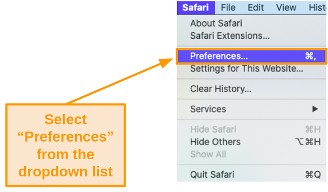 Screenshot of the dropdown list under 'Safari' on the toolbar.