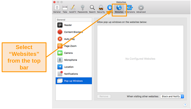 Screenshot of Websites settings on Mac