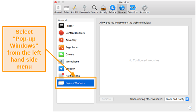 Screenshot of pop-up windows settings in Safari