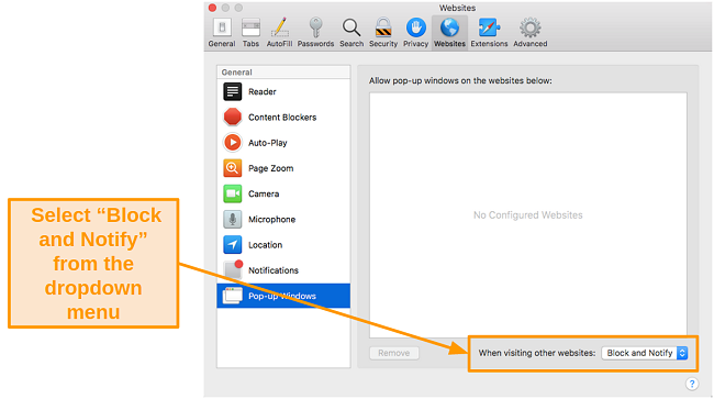 Screenshot of blocking pop-up windows on Safari
