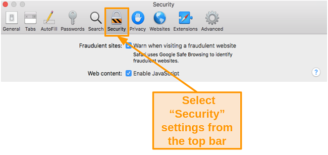 Screenshot of Security settings in Safari