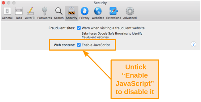 Screenshot of disabling JavaScript in Safari on Mac