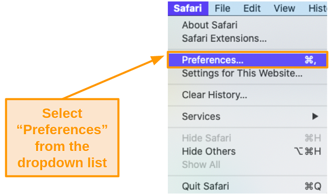 Screenshot of the dropdown list under 'Safari' on the toolbar.