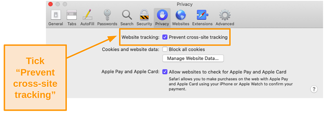 Screenshot of cross-site tracking option on Mac