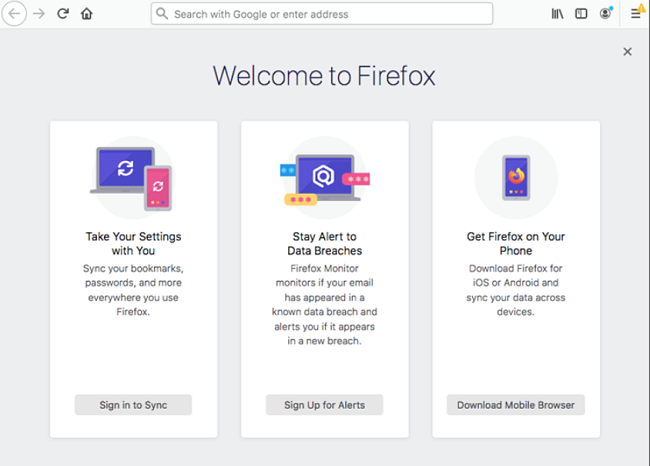 Screenshot of Firefox browser's homepage