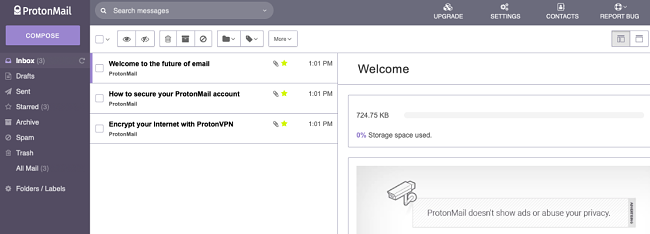 Screenshot of ProtonMail homepage.