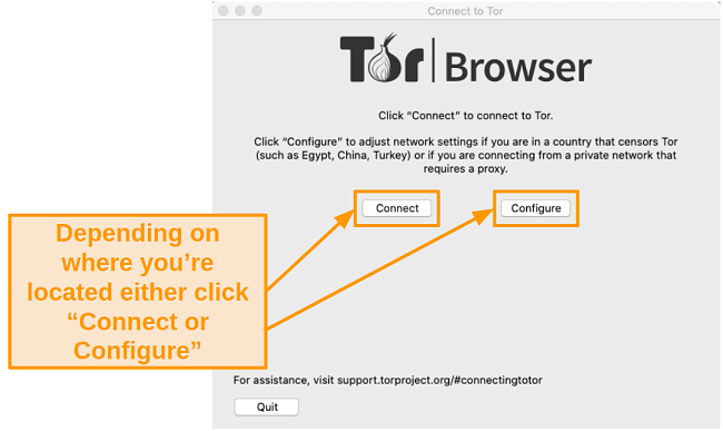 Screenshot of Tor connection menu that allows you to either connect or configure your connection