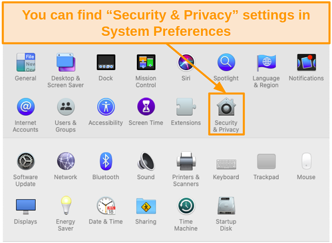 Screenshot of Security and Privacy icon in System Preferences on Mac