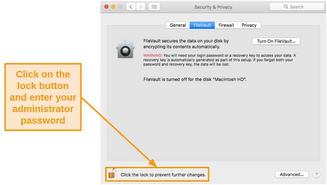 Screenshot of allowing changes in Mac settings by clicking the lock button