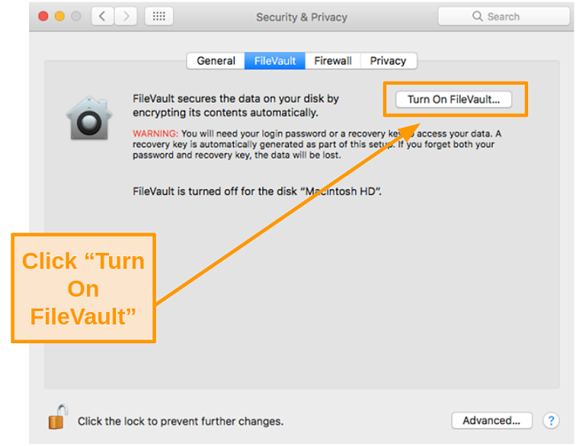 Screenshot of turning on FileVault on Mac