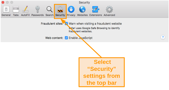 Screenshot of Security settings in Safari