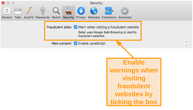 Screenshot of enabling warning when visiting a fraudulent website in Safari