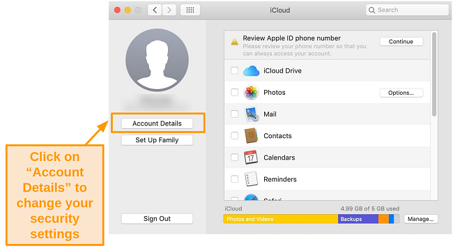 Screenshot of the iCloud tab on the Mojave operating system.