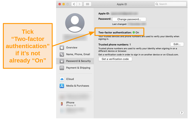 Screenshot of security information and settings under Apple ID on the Catalina operating system.