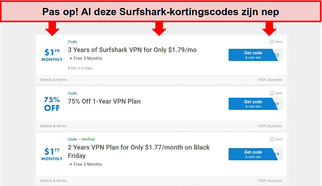 Screenshot van valse Surfshark-kortingsbonnen