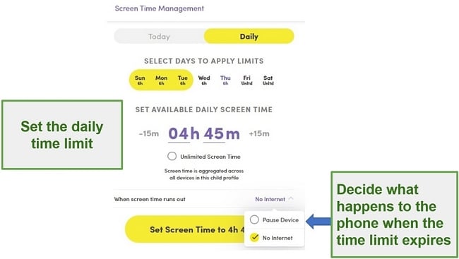 Screenshot showing how to set a daily time limit with Net Nanny Screen Management settings