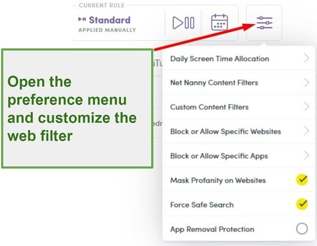 Screenshot of Net Nanny parental control apps interface showing instructions on how to customize web filter