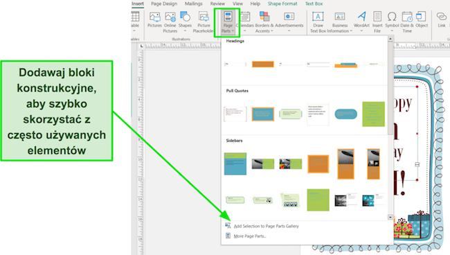 Zrzut ekranu z elementami konstrukcyjnymi programu Microsoft Publisher