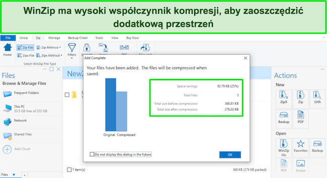 Zrzut ekranu współczynnika kompresji WinZip