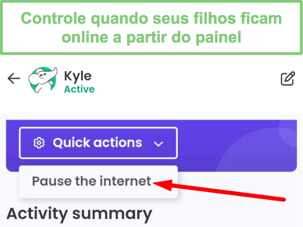 Qustodio pausa internet no dispositivo infantil