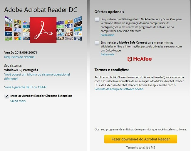 Página de download do Adobe Acrobat Reader DC