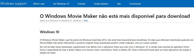 Windows Movie Maker indisponível para download