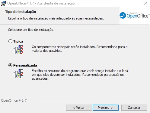 Instalação típica ou personalizada do OpenOffice