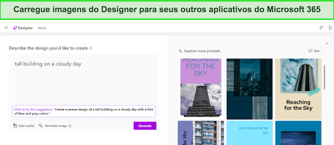 Captura de tela de upload de imagens do Designer para aplicativos do Microsoft 365