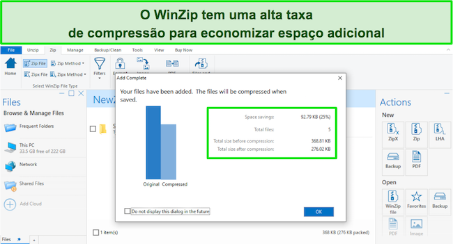 Captura de tela da taxa de compactação do WinZip