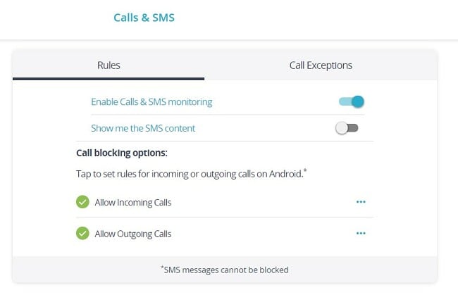 Qustodio Call and SMS feature