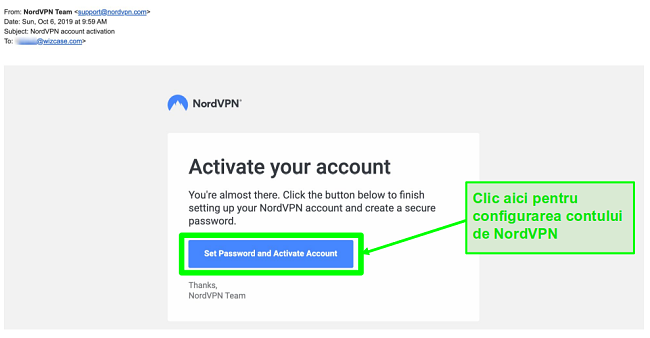 Screenshot de e-mail de activare cont NordVPN