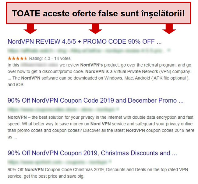 Rezultatele Google care prezintă reduceri false NordVPN