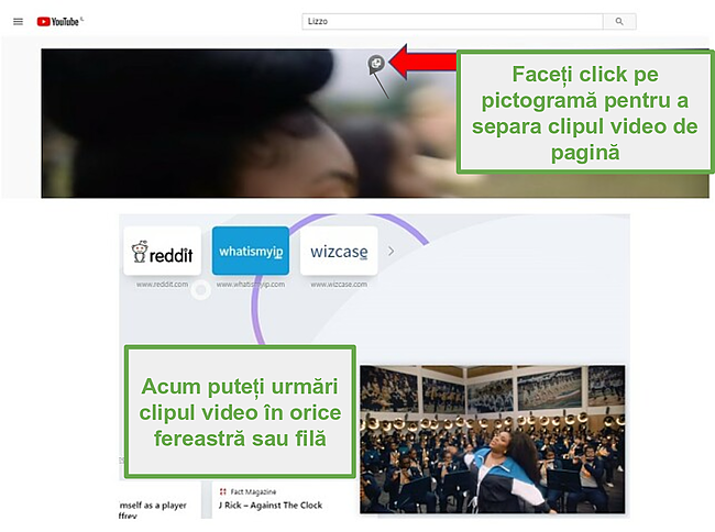 Captura de ecran cu Opera facilitează vizionarea videoclipurilor